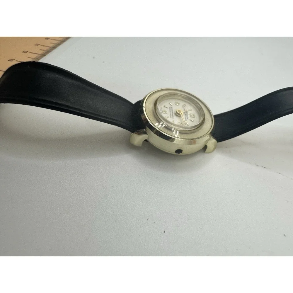 Vintage‎ Newbrook Swiss Made Antimagnetic Shockproof Gold Tone Watch Black Strap